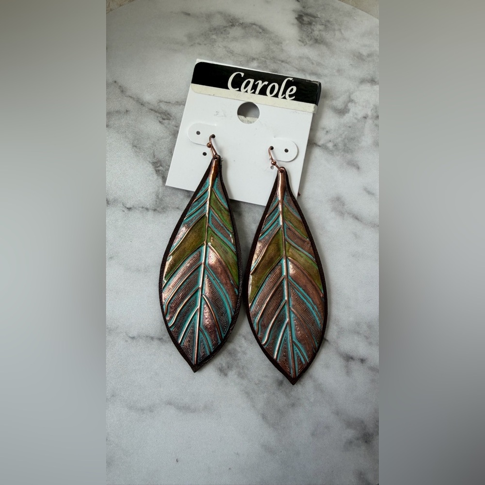 Carole Leaf Shape Drop Earrings in Brown, Copper, Teal & Olive NWT
